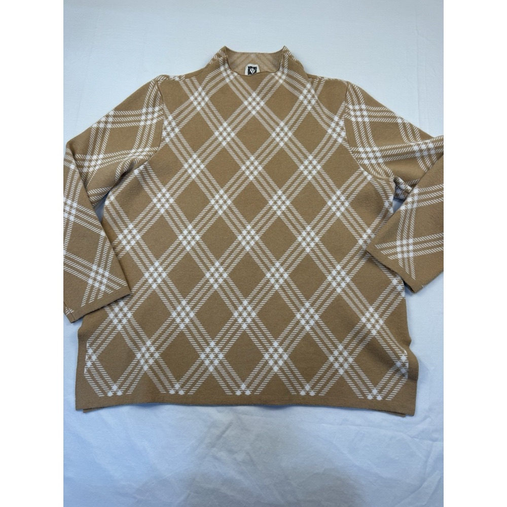 Ann Klein Sweater Size L Camel/Cream Knit Mock Neck Drop Shoulder Pullover
